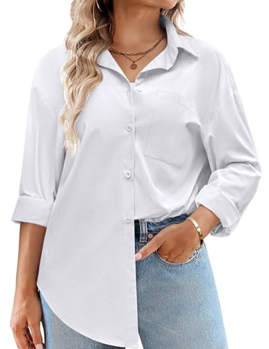 IN'VOLAND Damen-Bluse mit Knopfleiste, Übergröße, Baumwolle, lässig, lange Ärmel, lockere Passform, Kragen, Arbeitsbluse, Tops mit Tasche, Weiss/opulenter Garten, 48 Plus von IN'VOLAND