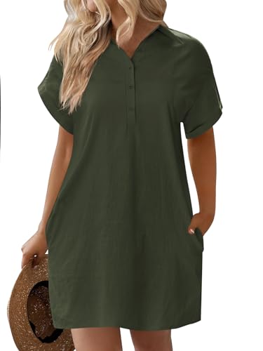 IN'VOLAND Damen-Hemdkleid aus Baumwolle, Übergröße, Sommer, lässig, kurzärmelig, Knopfleiste, Strandkleid mit Taschen, Grün (Army Green), 52 Mehr von IN'VOLAND