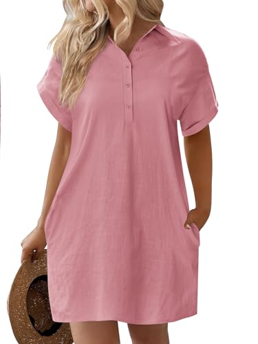 IN'VOLAND Damen-Hemdkleid aus Baumwolle, Übergröße, Sommer, lässig, kurzärmelig, Knopfleiste, Strandkleid mit Taschen, Pink, 52 Mehr von IN'VOLAND