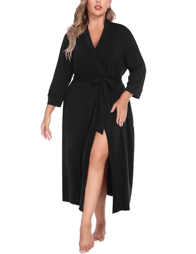 IN'VOLAND Damen Kimono-Bademantel in Übergröße, lang, gestrickt, leicht, weich, Nachtwäsche, V-Ausschnitt, Damen-Loungewear, Schwarz, Größe 4XL von IN'VOLAND