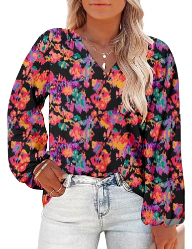 IN'VOLAND Damen-Oberteil, Übergröße, Boho-Blumendruck, lässig, V-Ausschnitt, langärmelig, Chiffon-Blusen, 2024, Frühlings-Herbst-Shirt, Ein florales Schwarz, 48 Plus von IN'VOLAND