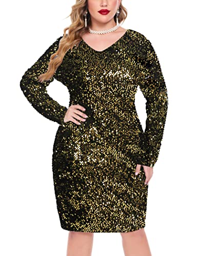 IN'VOLAND Damen Pailletten-Kleid, Übergröße, V-Ausschnitt, Party, Cocktail, Glitzer, Abendkleid, dehnbar, figurbetont, Minikleider - Gold - 58 Mehr von IN'VOLAND