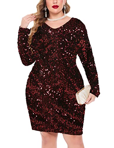 IN'VOLAND Damen Paillettenkleid Übergröße V-Ausschnitt Party Cocktail Glitzer Abend Stretch Mini Bodycon Kleider, weinrot, 50 Mehr von IN'VOLAND