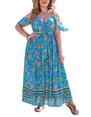 IN'VOLAND Damenkleid in Übergröße, Bohemian-Stil, Blumendruck, schulterfrei, Strandkleid, Party, Sommer, Sommerkleid, geteiltes Maxikleid, Blau Grün, 52 Mehr von IN'VOLAND