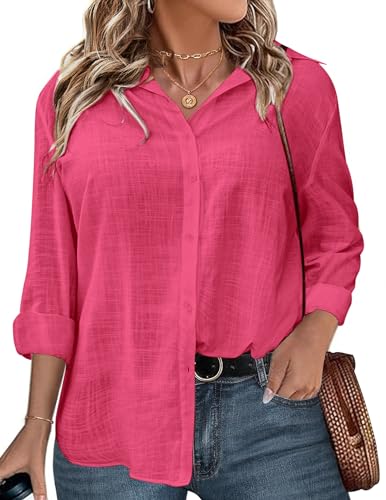 IN'VOLAND Damen Plus Size Button Down Shirt Classic Langarm Knopfleiste vorne Hemd Frauen Casual Baumwolle Top Bluse 16-28W, Rosenrot, 48 Plus von IN'VOLAND