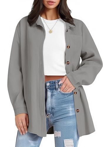 IN'VOLAND Damen Plus Size Cord Button Down Shirts Langarm Oversized Boyfriend Blusen Tops Casual Jacke Shacket, hellgrau, 52 Plus von IN'VOLAND