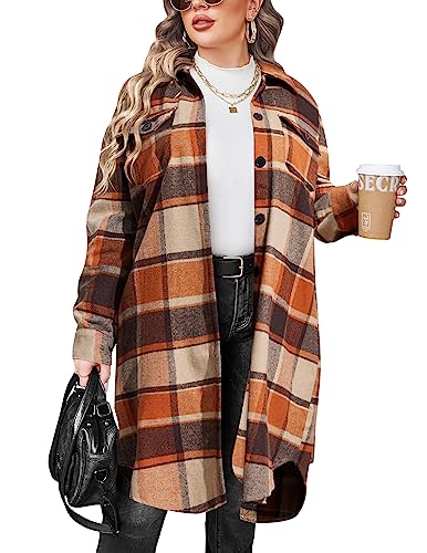 IN'VOLAND Damen Plus Size Flanell Plaid Shirts Langarm Lounge Revers Boyfriend Button Down Tartan Lange Jacke Mäntel, Orange, rot, 52 Plus von IN'VOLAND