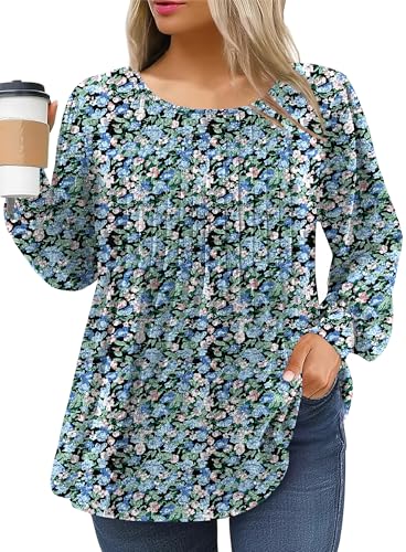 IN'VOLAND Damen Plus Size Langarm Tunika Tops Falten Rundhals Shirts Dressy Casual Lose Bluse Herbst T-Shirt, Blau floral, 18 Plus von IN'VOLAND