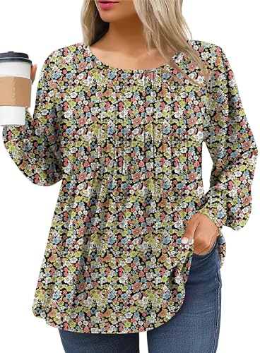 IN'VOLAND Damen Plus Size Langarm Tunika Tops Falten Rundhals Shirts Dressy Casual Lose Bluse Herbst T-Shirt, Gelb mit Blumenmuster, 18 Plus von IN'VOLAND