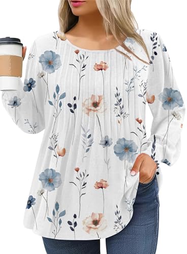IN'VOLAND Damen Plus Size Langarm Tunika Tops Falten Rundhals Shirts Dressy Casual Lose Bluse Herbst T-Shirt, Weiß/Rosa Blumenmuster, 16 Plus von IN'VOLAND