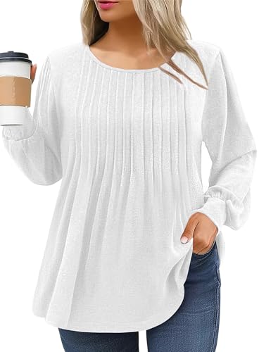 IN'VOLAND Damen Plus Size Langarm Tunika Tops Falten Rundhals Shirts Dressy Casual Lose Bluse Herbst T-Shirt, Weiss/opulenter Garten, 16 Plus von IN'VOLAND