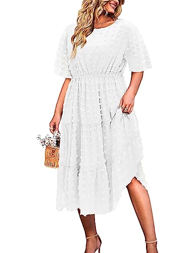 IN'VOLAND Damen Plus Size Swiss Dot Kleid Chiffon Kurzarm Hohe Taille A-Linie Rüschen Gestuftes Babydoll Midikleid, Weiss/opulenter Garten, 52 Mehr von IN'VOLAND