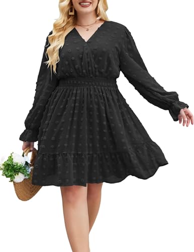 IN'VOLAND Damen Plus Size Swiss Dot Kleid Langarm V-Ausschnitt Chiffon gesmokt kurzes Kleid Flowy Rüschen Babydoll Midi Kleider, Schwarz, 50 Mehr von IN'VOLAND