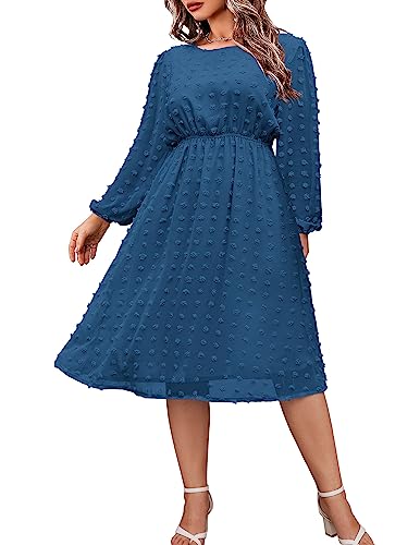 IN'VOLAND Damen Plus Size Swiss Dot Langarm Chiffon Kleid Flowy Hohe Taille A Linie Rüschen Babydoll Midi Kleider 16W-24W, Dunkelblau, 48 Mehr von IN'VOLAND