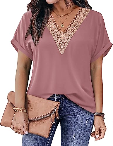 IN'VOLAND Damen Plus Size V-Ausschnitt Shirts Kurzarm Spitze Bluse Casual Loose Fitting T-Shirt 2023 Trendy Sommer Basic Tops, Pink, 50 Mehr von IN'VOLAND