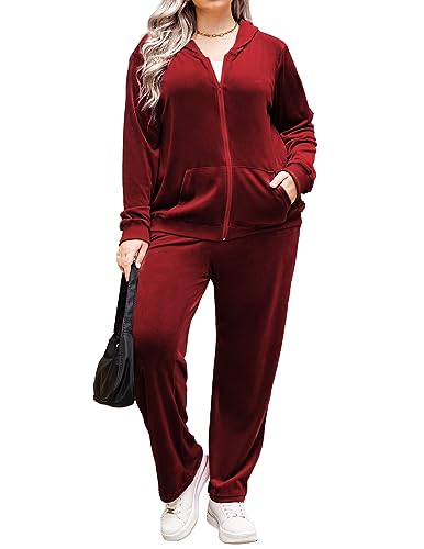 IN'VOLAND Damen Plus Size Velours Trainingsanzug Langarm Sweatsuit 2 Stück Jogging Outfit Zip Up Hoodie mit Taschen, Senior Weinrot, 16 Plus von IN'VOLAND