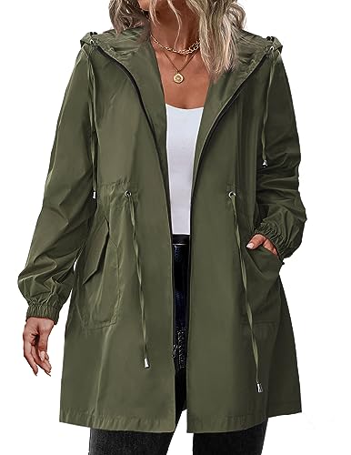 IN'VOLAND Damen Regenjacke Plus Size Lang Regenmantel Leichte Kapuze Windbreaker Wasserdichte Jacken mit Taschen, Grün (Army Green), 48 Große Größen von IN'VOLAND
