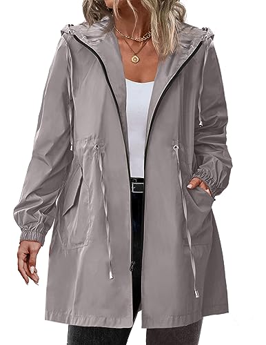 IN'VOLAND Damen Regenjacke Plus Size Lang Regenmantel Leichte Kapuze Windbreaker Wasserdichte Jacken mit Taschen, Khaki, 48 Große Größen von IN'VOLAND