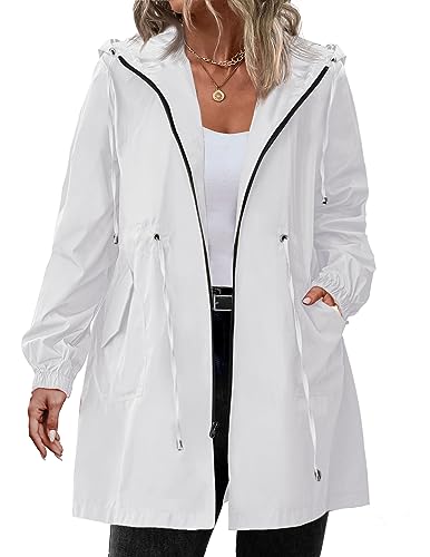 IN'VOLAND Damen Regenjacke Plus Size Lang Regenmantel Leichte Kapuze Windbreaker Wasserdichte Jacken mit Taschen, Weiss/opulenter Garten, 50 Große Größen von IN'VOLAND