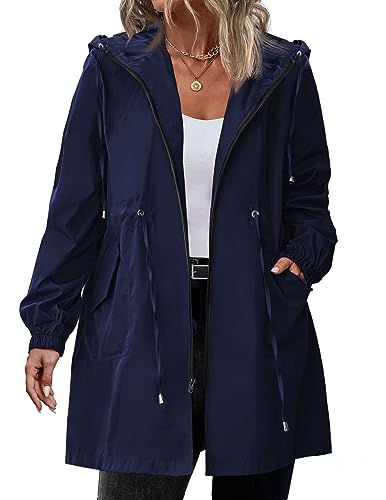 IN'VOLAND Damen Regenjacke Übergröße Lang Regenmantel Leichte Kapuze Windbreaker Wasserdichte Jacken mit Taschen, Marineblau, 58 Große Größen von IN'VOLAND