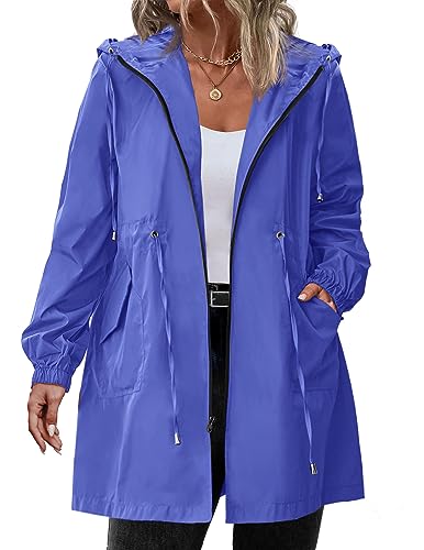 IN'VOLAND Damen Regenjacke Übergröße Langer Regenmantel Leichte Kapuze Windbreaker Wasserdichte Jacken mit Taschen, Königsblau, 58 Große Größen von IN'VOLAND