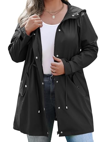 IN'VOLAND Damen Regenjacke Übergröße Langer Regenmantel mit Kapuze Outdoor Leichte Windbreaker Reisejacke, Schwarz, 58 Große Größen von IN'VOLAND