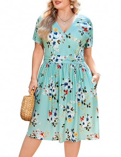 IN'VOLAND Damen-Sommerkleid, Übergröße, Blumenmuster, lässig, Wickelkleid, V-Ausschnitt, kurze Ärmel, Strandkleid, Bohemian-Minikleid mit Taschen, Floral05, 48 Mehr von IN'VOLAND