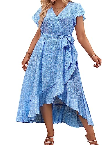 IN'VOLAND Damen-Sommerkleid mit Blumenmuster, V-Ausschnitt, kurze Ärmel, Gürtel, Strandkleid, Bohemian-Maxikleid, Pat2, 48 Mehr von IN'VOLAND