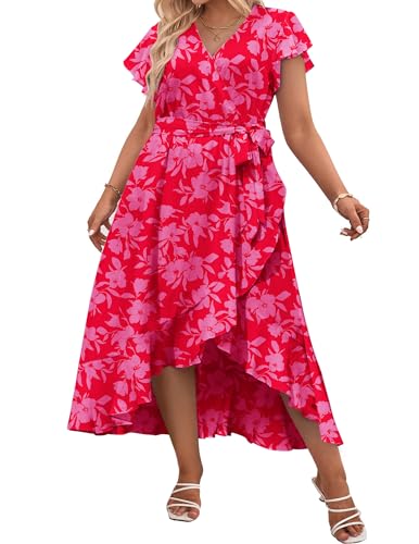 IN'VOLAND Damen-Sommerkleid mit Blumenmuster, V-Ausschnitt, kurze Ärmel, Gürtel, Strandkleid, Bohemian-Maxikleid, SF116, 48 Mehr von IN'VOLAND