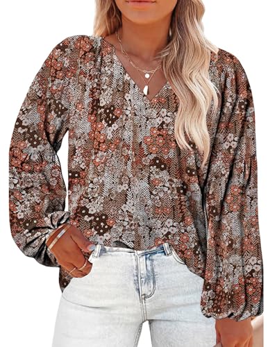 IN'VOLAND Damen Übergröße Boho Blumendruck Tops Casual V-Ausschnitt Langarm Chiffon Blusen 2024 Frühling Herbst Shirts, A Floral Khaki, 50 Mehr von IN'VOLAND