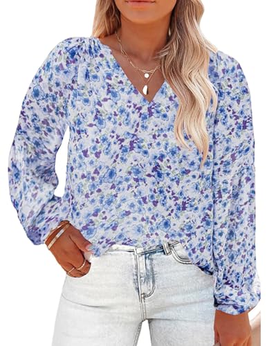 IN'VOLAND Damen Übergröße Boho Blumendruck Tops Casual V-Ausschnitt Langarm Chiffon Blusen 2024 Frühling Herbst Shirts, Ein florales Blau, 48 Plus von IN'VOLAND