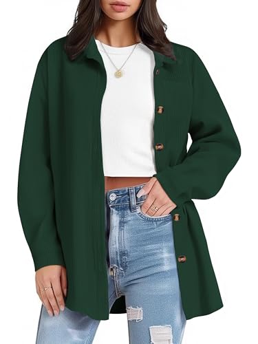IN'VOLAND Damen Übergröße Cord Langarm Button Down Shirt Oversized Jacke Tops, dunkelgrün, 46 plus von IN'VOLAND