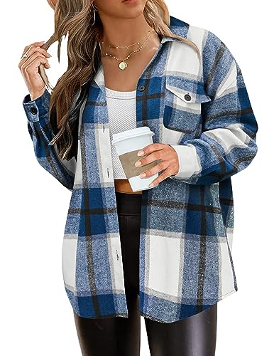 IN'VOLAND Damen Übergröße Flanell Plaid Shacket Button Down Langarm Flanell Shirts Casual Revers Herbst Jacke, Blau, 48 Große Größen von IN'VOLAND