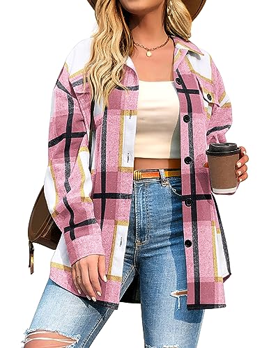 IN'VOLAND Damen Übergröße Flanell Plaid Shacket Button Down Langarm Flanell Shirts Casual Revers Herbst Jacke, Pink, 54 Große Größen von IN'VOLAND