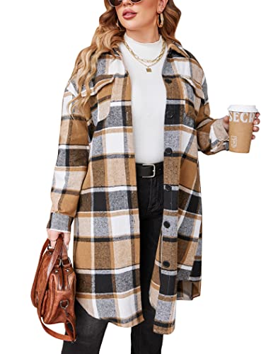 IN'VOLAND Damen Übergröße Flanell Plaid Shirts Langarm Lounge Revers Boyfriend Button Down Tartan Lange Jacke Mäntel, A-braun, 52 Plus von IN'VOLAND