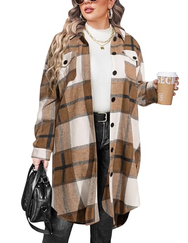 IN'VOLAND Damen Übergröße Flanell Plaid Shirts Langarm Lounge Revers Boyfriend Button Down Tartan Lange Jacke Mäntel, B-braun, 54 Große Größen von IN'VOLAND