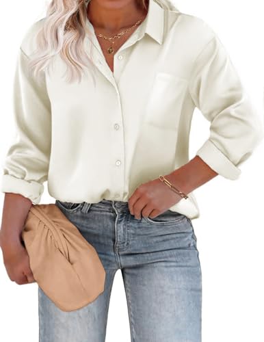 IN'VOLAND Damen Übergröße Satin Seide Knopfleiste Hemd V-Ausschnitt Langarm Casual Kragen Arbeit Bluse Tops mit Tasche, Beige, 50 Mehr von IN'VOLAND