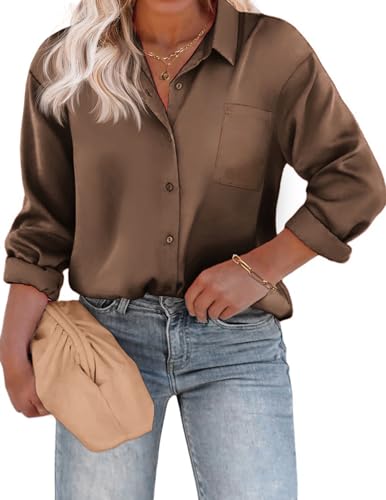 IN'VOLAND Damen Übergröße Satin Seide Knopfleiste Hemd V-Ausschnitt Langarm Casual Kragen Arbeit Bluse Tops mit Tasche, Braun, 56 Plus von IN'VOLAND