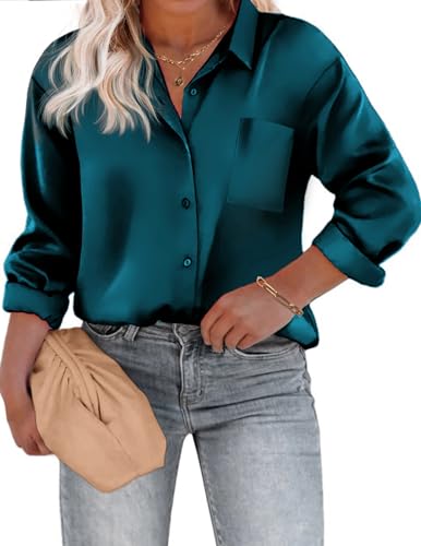 IN'VOLAND Damen Übergröße Satin Seide Knopfleiste Hemd V-Ausschnitt Langarm Casual Kragen Arbeit Bluse Tops mit Tasche, Pfauenblau, 46 plus von IN'VOLAND