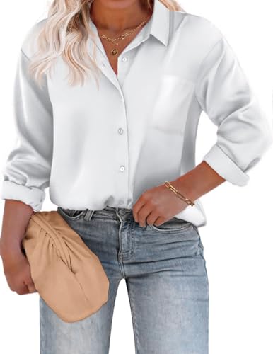 IN'VOLAND Damen Übergröße Satin Seide Knopfleiste Hemd V-Ausschnitt Langarm Casual Kragen Arbeit Bluse Tops mit Tasche, Weiss/opulenter Garten, 50 Mehr von IN'VOLAND