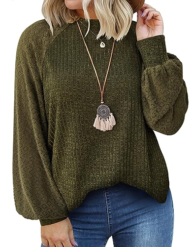 IN'VOLAND Damen Übergröße Strickbluse Spitze Tops Puff Langarm Blusen Rundhalsausschnitt Casual Lose T-Shirts Herbst Pullover, Grün (Army Green), 48 Plus von IN'VOLAND