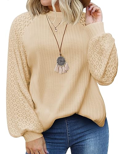 IN'VOLAND Damen Übergröße Strickbluse Spitze Tops Puff Langarm Blusen Rundhalsausschnitt Casual Lose T-Shirts Herbst Pullover, Haferflocken (Oatmeal), 50 Mehr von IN'VOLAND