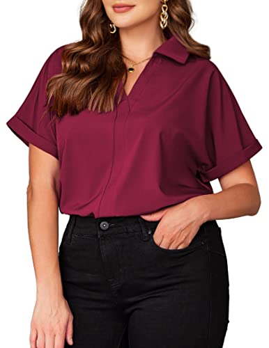 IN'VOLAND Damen Übergröße Tops Kurzarm Business Bluse Casual V Ausschnitt Kragen Tunika Flowy Shirt 16-26W, Weinrot, 52 Plus von IN'VOLAND