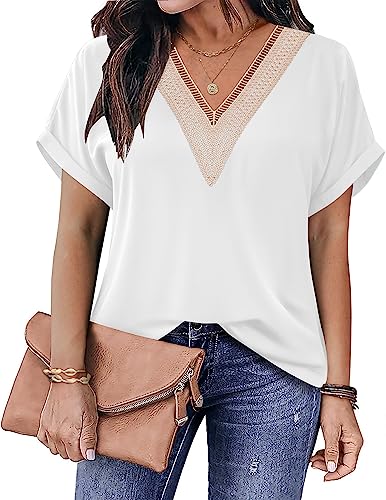 IN'VOLAND Damen Übergröße V Ausschnitt Shirts Kurzarm Spitze Bluse Casual Loose Fitting T-Shirt 2023 Trendy Sommer Basic Tops, Weiss/opulenter Garten, 48 Plus von IN'VOLAND