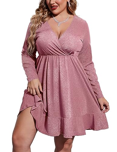 IN'VOLAND Glitzer-Kleid für Damen, V-Ausschnitt, lange Ärmel, Rüschensaum, Swing-Club, Cocktail-Party-Kleider, Übergröße, Pink, 48 Mehr von IN'VOLAND