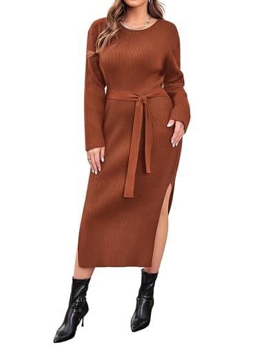 IN'VOLAND Plus Size Damen Geripptes Pulloverkleid Langarm Rundhalsausschnitt Krawatte Taille Strick Bodycon Midi Kleider mit Gürtel, Helles Braun, 50 Mehr von IN'VOLAND