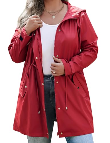 IN'VOLAND Regenjacken in Übergröße für Damen, wasserdicht, mit Kapuze, leichter Windbreaker, Outdoor-Trenchcoat, Rot/Ausflug, einfarbig (Getaway Solids), 56 Große Größen von IN'VOLAND