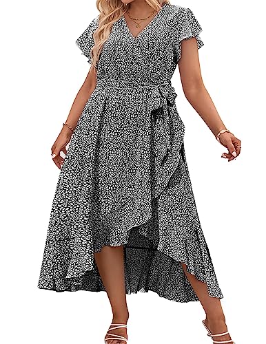 IN'VOLAND Damen-Sommerkleid mit Blumenmuster, V-Ausschnitt, kurze Ärmel, Gürtel, Strandkleid, Bohemian-Maxikleid, Pat4, 52 Mehr von IN'VOLAND