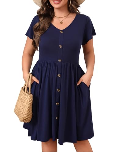 IN'VOLAND Sommerkleider in Übergröße für Damen, lässig, Blumenmuster, A-Linie, fließendes Strandkleid mit Taschen, Marineblau, 50 Mehr von IN'VOLAND