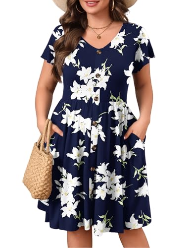 IN'VOLAND Sommerkleider in Übergröße für Damen, lässig, Blumenmuster, A-Linie, fließendes Strandkleid mit Taschen, Marineblau mit Blumenmuster, 52 Mehr von IN'VOLAND